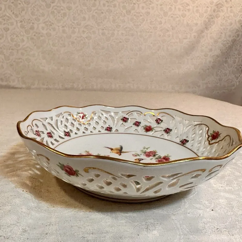 Antique Schumann Arzberg Reticulated German Plate Birds Of Paradise & Florals